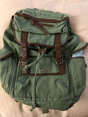 Green Canvas Backpack with Brown Trim - Men Bags Backpacks